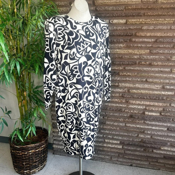 Liz Claiborne Vintage Navy Blue Geometric Scroll Classic Modest Sheath Dress - Picture 1 of 8